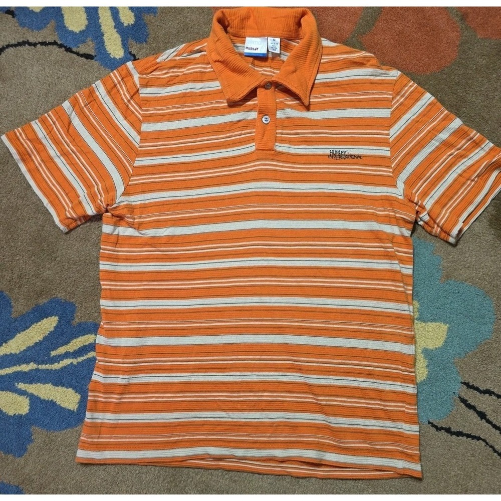 Hurley Vintage Shirt Mens XL Polo Orange Brown Striped Cotton Y2K Skater Surf‎